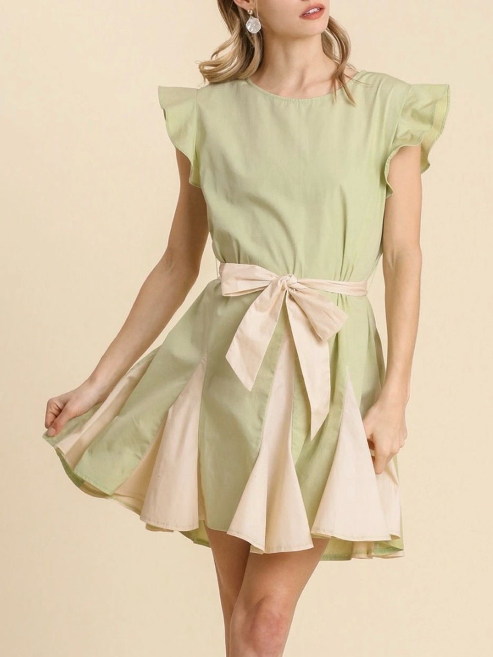 Umgee Light Green and Cream Tie-Waist Fit & Flare Mini Dress